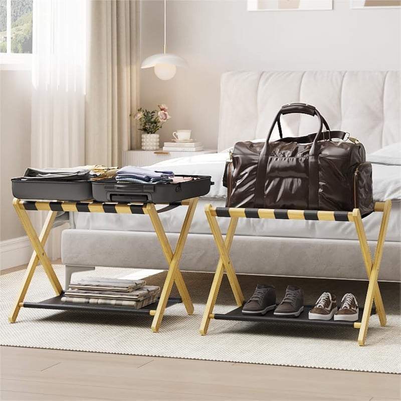Smart FENDEE 2 Pack Luggage Rack, Folding Luggage Rack for Guest Room, Bamboo Suitcase Stand Holds up to 131 lb, Luggage Stand with Storage Shelf for Hotel, Bedroom - Image 1